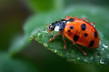 Fototapeta premium Bright ladybug on dewy leaf surrounded by foliage in detailed medium shot perfect for banners