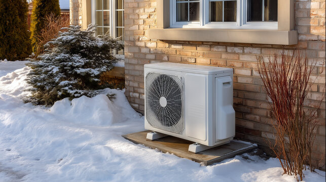 Air Source Heat Pump Outside Home in Winter Snow