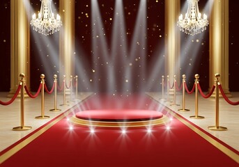 Red Carpet Award Ceremony Stage:  Elegant Golden Columns, Spotlights, and Crystal Chandeliers.