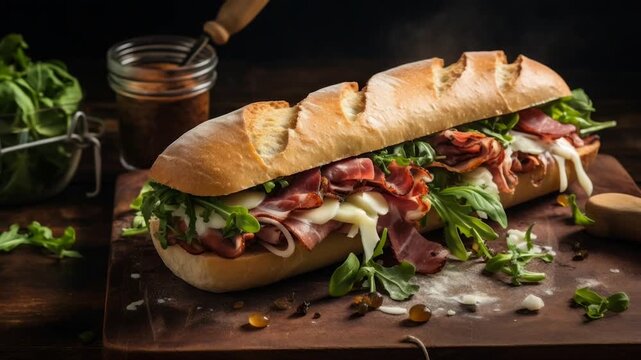 Delicious Italian sandwich with ham and arugula
