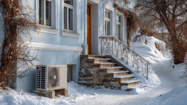 Air Source Heat Pump Outside Home in Winter Snow