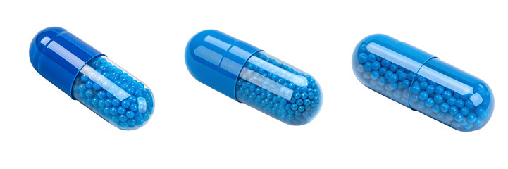 Set For Three blue capsules filled with medicine isolated on transparent background