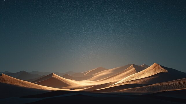 Desert dunes at night illuminated by moonlight casting long shadows over sand ripples and rolling hills under clear starry sky, tranquil mysterious atmosphere - Powered by Adobe