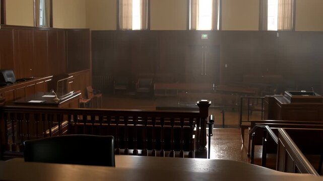Empty courtroom with dramatic lighting from high angle
