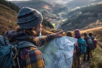 Guide hiker confidently leading a rugged group along a breathtaking mountain trail with backpacks