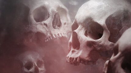 Scary dark horror skulls float in surreal red mist, creepy concept of death