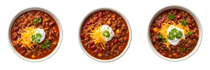 Set For Bowls of chili with cheddar and sour cream isolated on white isolated on transparent background