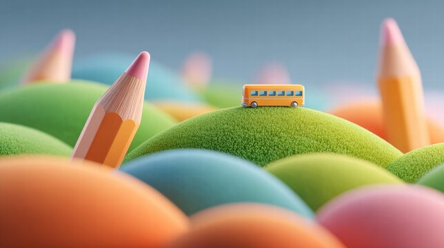 A whimsical scene of a school bus atop a grassy hill amidst giant pencils and colorful hills.