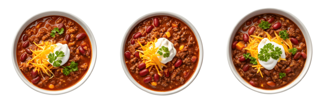 Set For Bowls of chili with cheddar and sour cream isolated on white isolated on transparent background