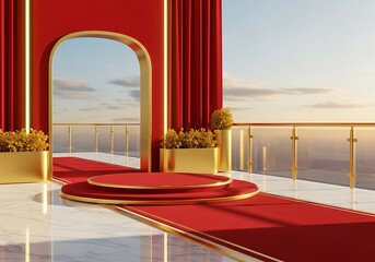Luxury Red Gold Product Display Platform: Elegant Sunset Balcony Setting