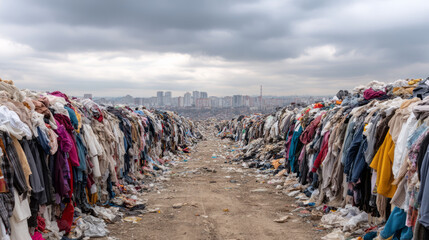 Overwhelming landfill of discarded clothing and textile waste, symbol of pollution