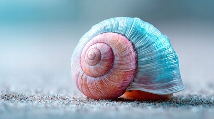 The seashell showcases its colorful spiral pattern on a sandy, pastel-hued beach background.