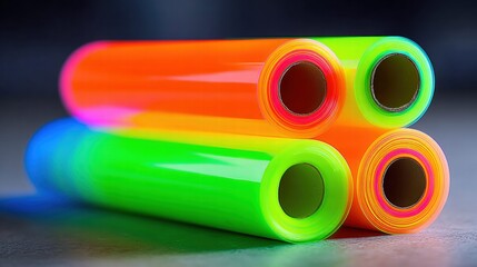 Stacked rolls of neon colored material create a striking, abstract design with vibrant colors.
