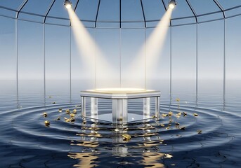 Serene Glass Display Platform: Illuminated Showcase on Calm Water with Golden Accents