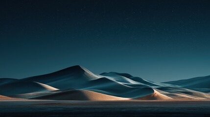 Vast desert landscape under night sky with sand dunes and stars, dark blue dusk reflection on rippled dune surfaces creating otherworldly atmospheric depth