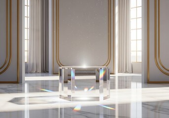 Luxurious Glass Display Stand: Elegant White Marble Room, Sunlit, Modern Minimalist Design