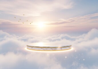 Serene Marble Platform in Cloudscape: Golden Accents, Birds in Flight, Soft Sunrise