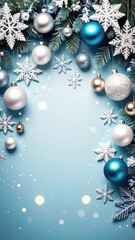 Festive Christmas ornaments and decorations, creating a beautiful holiday scene. Snowflakes and ornaments on a vibrant blue backdrop