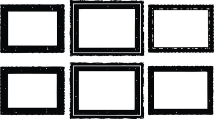 Six mixed style black frames, including grunge and ornate borders, arranged in two rows of three, isolated on a white background for versatile display