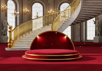 Luxury Red Velvet Podium with Gold Accents in Grand Palace Setting