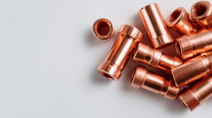 Copper pipe fittings arranged white background showing global market demand for copper plumbing and construction industries