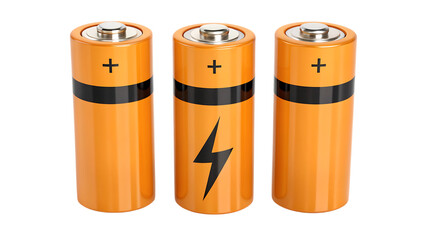 Three orange aa batteries with black bands and positive symbols isolated on transparent background