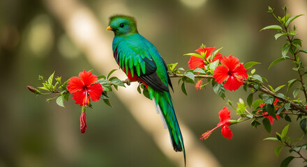 Fototapeta premium Resplendent Quetzal Amidst Vivid Hibiscus Blooms A Tapestry of Emerald Plumage and Scarlet Florals Creates a Stunning Natural Display Reflecting the Harmony of Wildlife and Botanical Splendor