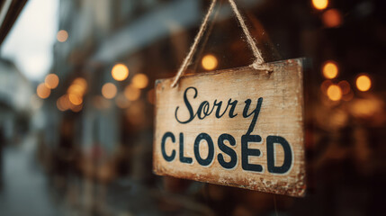 Sorry closed sign hanging on glass door of business establishment