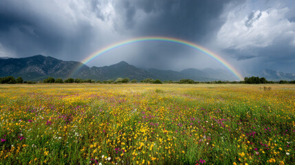 Hopeful rainbow over vibrant countryside landscape with dramatic storm clouds and wildflower