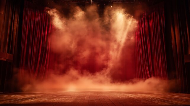Stage prepared for a dramatic performance with fog effects and red curtains