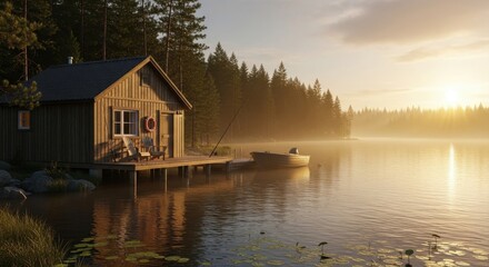 Fototapeta premium Serene Lakeside Cabin Retreat at Sunrise with Misty Waterscape Illusion