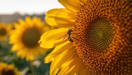 A bee rests on the vibrant center of a sunflower, showcasing the intricate details of its seeds and petals.