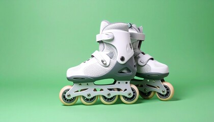 A pair of rollerblades isolated on a plain green background
