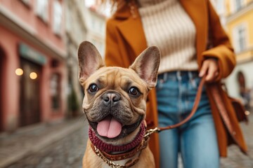 Happy french bulldog on a leash with female owner in stylish urban setting