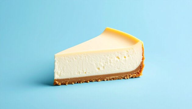 A slice of cheesecake displayed on a plain blue background
