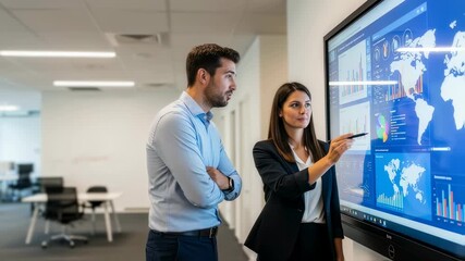 Businesswoman and businessman discussing interactive corporate data presentation on large digital screen in modern office, footage. - Powered by Adobe
