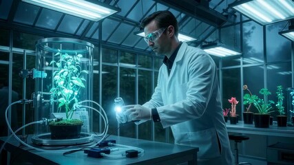 Scientist man analyzing plant growth in a controlled environment greenhouse. Biotechnology innovation and research for future agriculture footage. - Powered by Adobe