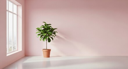 Fototapeta premium Elegant modern interior with potted plant bathed in soft natural light
