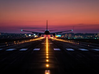 Lone Aircraft Taxiing with Illuminated Path at Dusk Under a Clear Twilight Sky