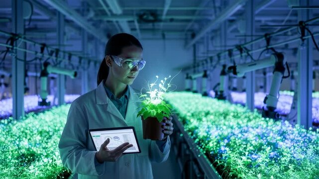 Woman biologist holds digital tablet with data, studying glowing plant in futuristic greenhouse, agricultural technology footage. - Powered by Adobe