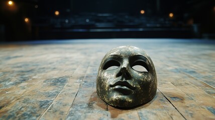 Decorative mask placed on wooden stage floor in an empty theater setting