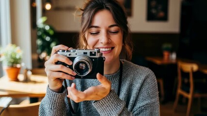 Smiling caucasian woman holding a vintage camera in a cafe, capturing moments with photography technology footage. - Powered by Adobe