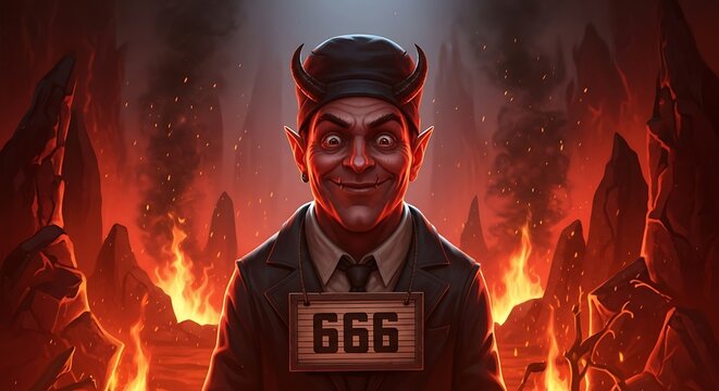 A smiling devil in a suit, standing in hell, with the number 666 on a name tag.