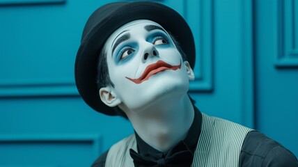 Creative performer in costume with striking makeup against blue backdrop in an artistic setting