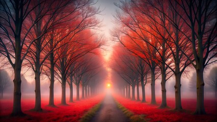 Pathway Through a Forest of Trees with Red Leaves and a Glowing Light