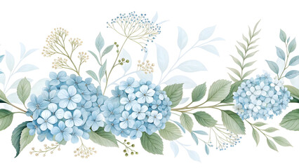 Fototapeta premium Seamless Watercolor Floral Border Light Blue Hydrangea Blooms Green Leaves Branches Black Background Pastel Color Palette Botanical Design Element Wedding Invitation Stationery