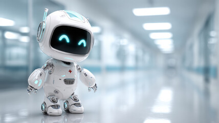A cute robot medical assistant smiles, providing futuristic healthcare. It's standing in a bright hospital hallway