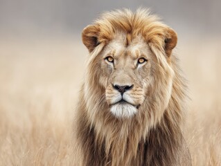 Obraz premium Majestic Lion with Golden Mane in Intense Stare, Against Ethereal Savannah Backdrop