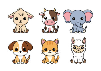 set of cute cartoon illustration of animals including goat, cow, elephant, dog, cat, and llama, perfect for children’s books, stickers, toys, farm themes, or educational design projects