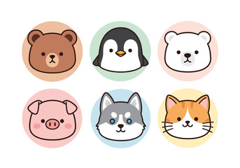 set of cute cartoon icon illustration of animal faces including bear, pig, husky, cat, penguin, and polar bear, perfect for children’s stickers, toys, learning materials, or playful design projects.